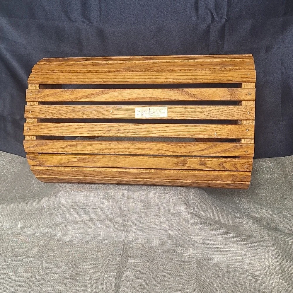 Vintage Oak Wood Slat Basket Tote Trug MCM Bentwood Arch Handle Cross Plains WI
